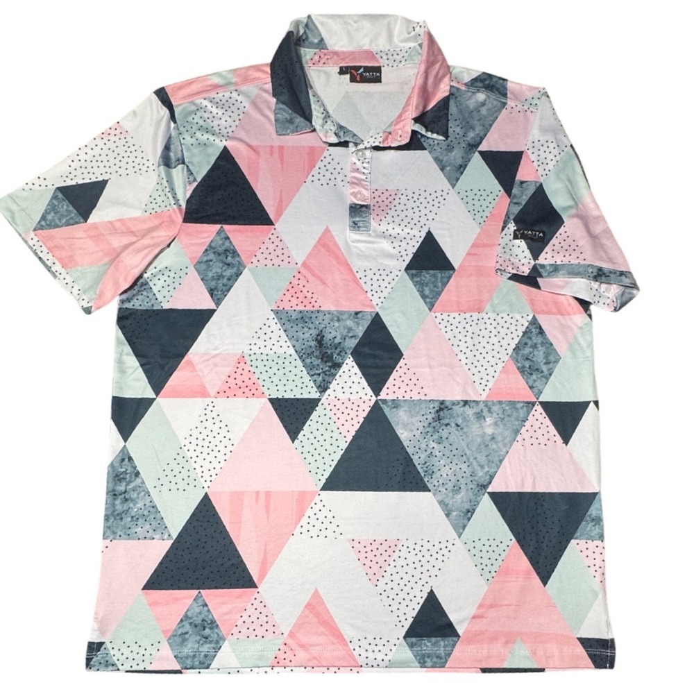 Yatta Golf Polo Mens Large Geometric Triangle Pink Blue Performance Short Sleeve